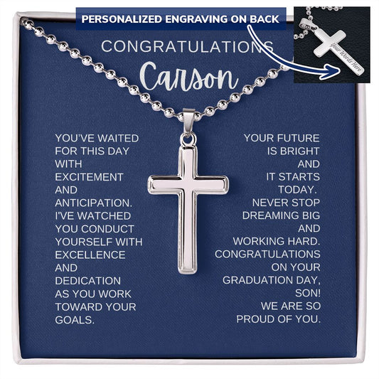 Graduation Engraved Ball Chain Cross Necklace