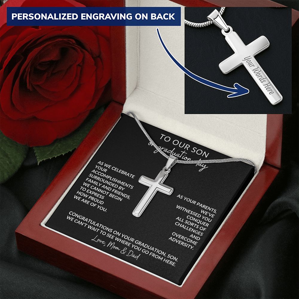 Conquer and Overcome Graduation Engraved Cross Necklace