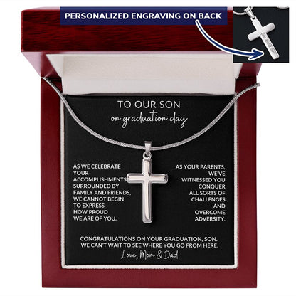 Conquer and Overcome Graduation Engraved Cross Necklace