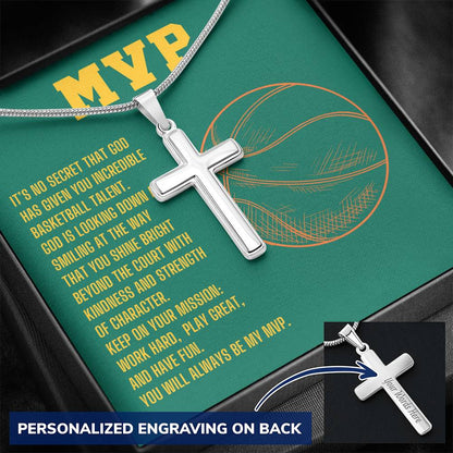 MVP Basketball Engraved Cross Necklace