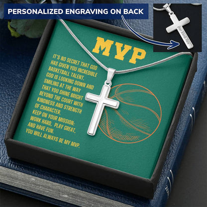 MVP Basketball Engraved Cross Necklace
