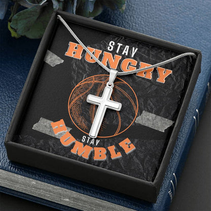 Stay Hungry. Stay Humble. Basketball Cross Necklace