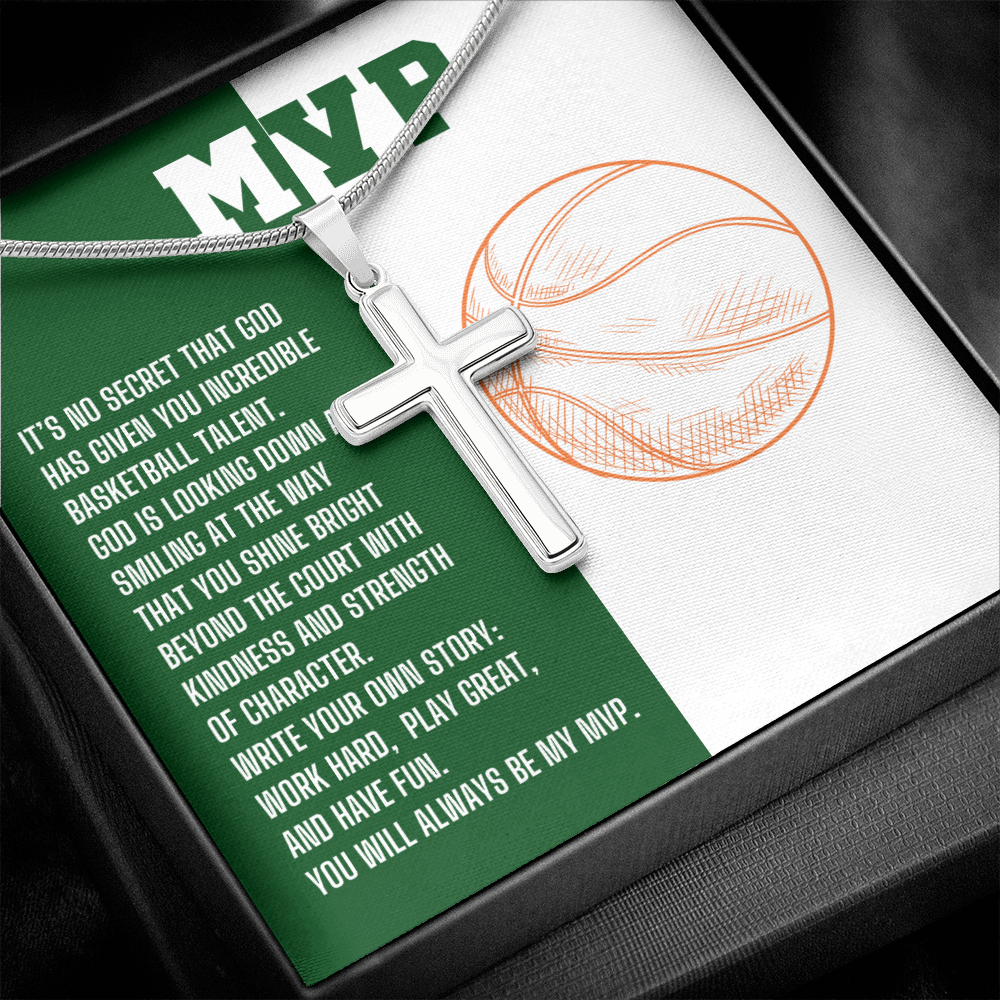 Basketball Gifts MVP Silver Cross Necklace