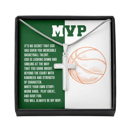 Basketball Gifts MVP Silver Cross Necklace