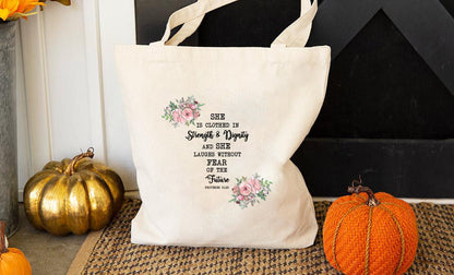 Proverbs 31 25 Tote Bag, Pink Floral